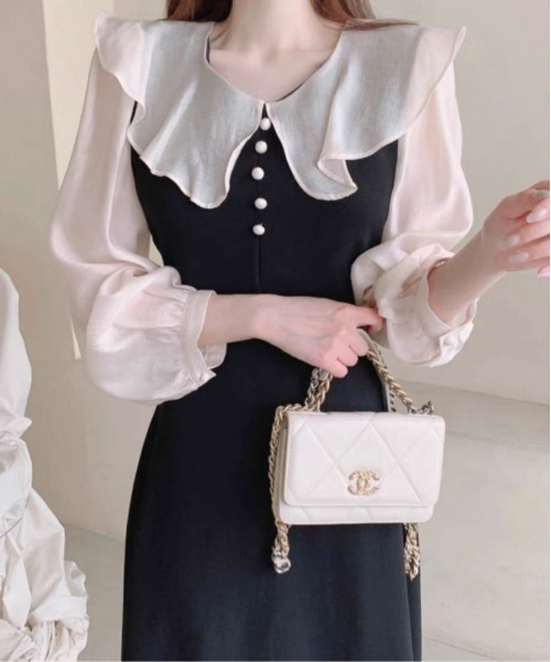 Mejoul(メジュール)の「ビックカラー配色パフスリーブドレス(ワンピース・レディース・ブラック/ピンク・M/L)」の3枚目の写真