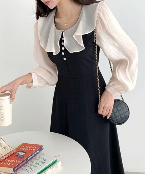 Mejoul(メジュール)の「ビックカラー配色パフスリーブドレス(ワンピース・レディース・ブラック/ピンク・M/L)」の4枚目の写真