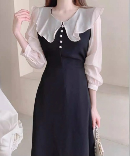 Mejoul(メジュール)の「ビックカラー配色パフスリーブドレス(ワンピース・レディース・ブラック/ピンク・M/L)」の6枚目の写真