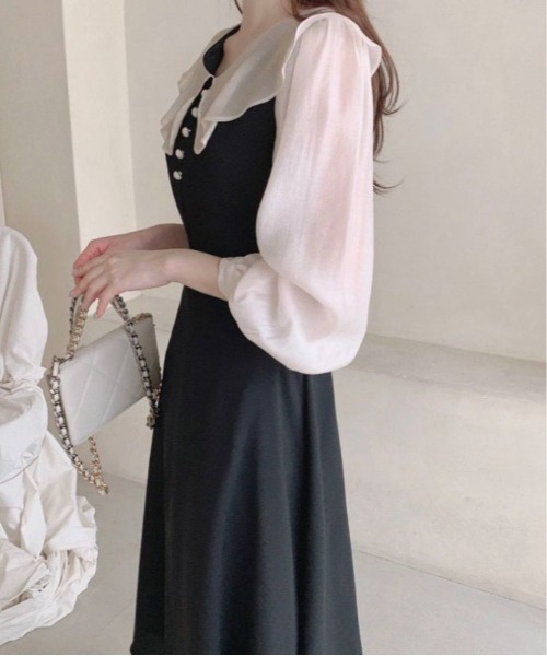 Mejoul(メジュール)の「ビックカラー配色パフスリーブドレス(ワンピース・レディース・ブラック/ピンク・M/L)」の7枚目の写真