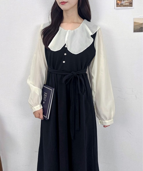 セール】【2025秋冬新作】ビックカラー配色パフスリーブドレス