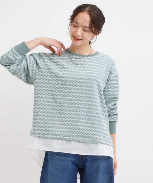 SHOO・LA・RUE(シューラルー)の「【S-LL/体型カバー】気負わず着られる ジャカード裾フェイクトップス(Tシャツ/カットソー・レディース・ベージュ/モスグリーン/グレー・01/02/03/04)」の8枚目の写真