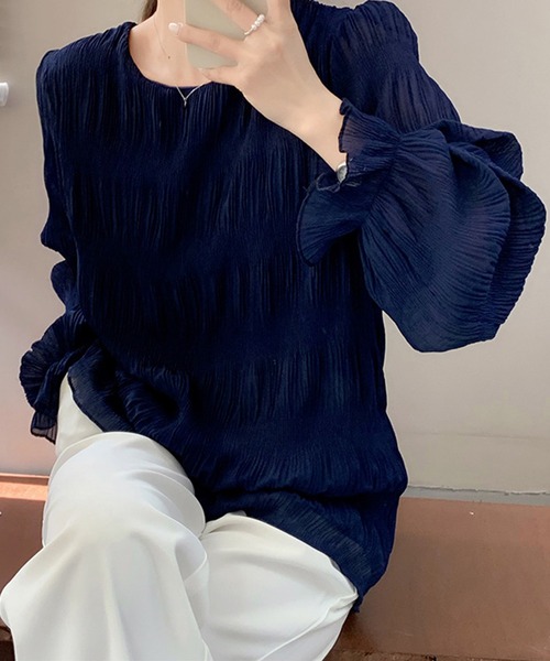STYLEBLOCK(スタイルブロック)の「シャーリングシアーブラウス(シャツ/ブラウス・レディース・ベージュ系その他/ブラウン/ライトグリーン/ホワイト/ライトグレー/ダークグリーン/ネイビー/ブラック・M/XL)」の8枚目の写真