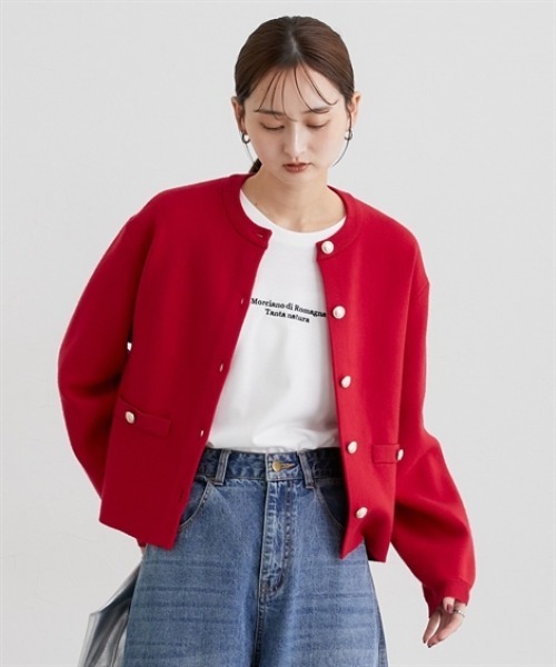 nissen（ニッセン）の「スウェットライクゴールド釦ニットジャケット（カーディガン/ボレロ・レディース・レッド/ブラック/アイボリー/杢グレー・M/L/LL）」の5枚目の写真