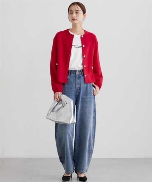 nissen（ニッセン）の「スウェットライクゴールド釦ニットジャケット（カーディガン/ボレロ・レディース・レッド/ブラック/アイボリー/杢グレー・M/L/LL）」の6枚目の写真