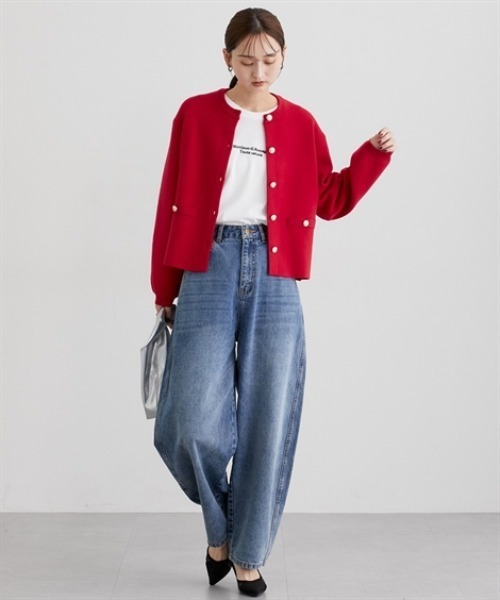 nissen（ニッセン）の「スウェットライクゴールド釦ニットジャケット（カーディガン/ボレロ・レディース・レッド/ブラック/アイボリー/杢グレー・M/L/LL）」の7枚目の写真