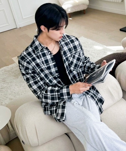 NOWLE（ノウル）の「【NOWLE】ルーズシルエット モノトーン フランネル チェックシャツ（シャツ/ブラウス・メンズ・ブラック・LARGE/X-LARGE/MEDIUM）」の5枚目の写真