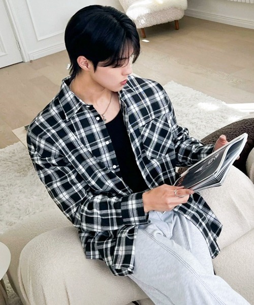 NOWLE（ノウル）の「【NOWLE】ルーズシルエット モノトーン フランネル チェックシャツ（シャツ/ブラウス・メンズ・ブラック・LARGE/X-LARGE/MEDIUM）」の18枚目の写真