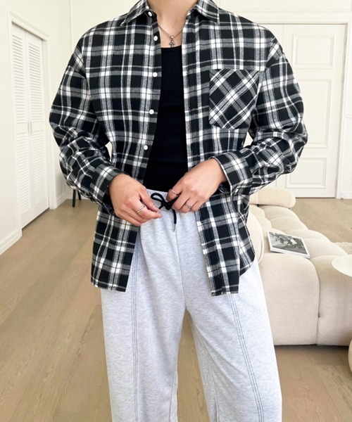 NOWLE（ノウル）の「【NOWLE】ルーズシルエット モノトーン フランネル チェックシャツ（シャツ/ブラウス・メンズ・ブラック・LARGE/X-LARGE/MEDIUM）」の11枚目の写真