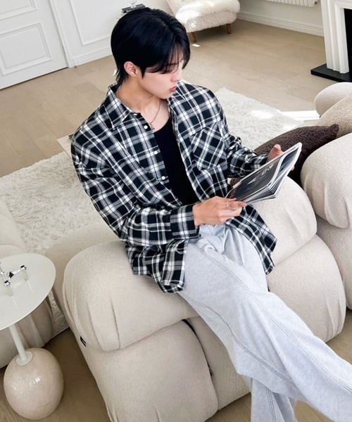 NOWLE（ノウル）の「【NOWLE】ルーズシルエット モノトーン フランネル チェックシャツ（シャツ/ブラウス・メンズ・ブラック・LARGE/X-LARGE/MEDIUM）」の13枚目の写真