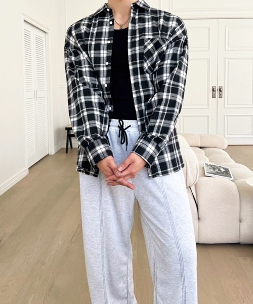 NOWLE（ノウル）の「【NOWLE】ルーズシルエット モノトーン フランネル チェックシャツ（シャツ/ブラウス・メンズ・ブラック・LARGE/X-LARGE/MEDIUM）」の16枚目の写真