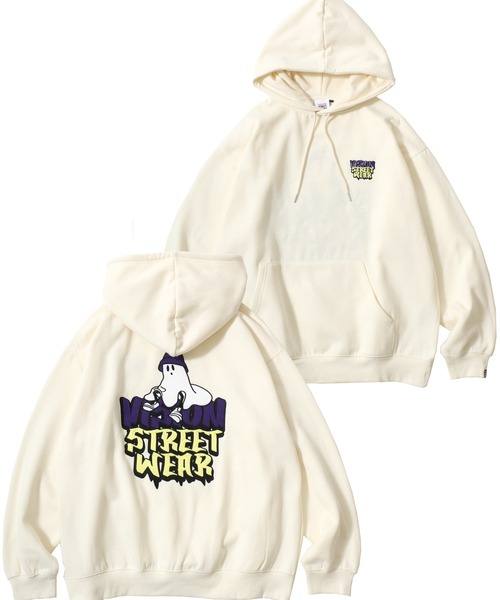 VISION STREET WEAR(ヴィジョンストリートウェア)の「VISION STREET WEAR/ヴィジョンストリートウェア オーバーサイズ 裏起毛 ゴーストバックプリント ロゴ ワンポイント刺繍 スウェット パーカー/レディース メンズ(パーカー・メンズ・オフホワイト/ブラック・LL/M/L)」の1枚目の写真