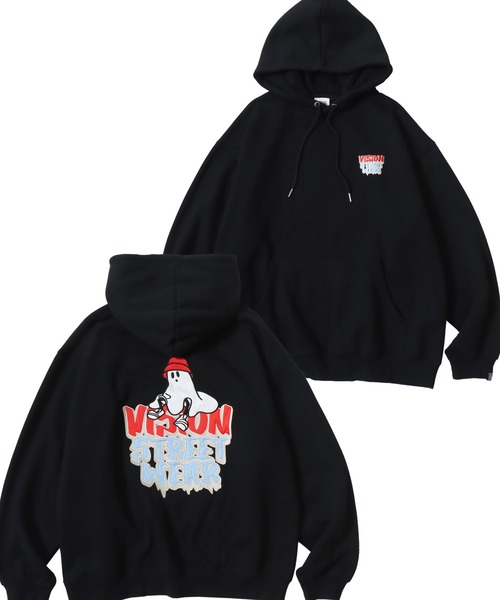 VISION STREET WEAR(ヴィジョンストリートウェア)の「VISION STREET WEAR/ヴィジョンストリートウェア オーバーサイズ 裏起毛 ゴーストバックプリント ロゴ ワンポイント刺繍 スウェット パーカー/レディース メンズ(パーカー・メンズ・オフホワイト/ブラック・LL/M/L)」の2枚目の写真