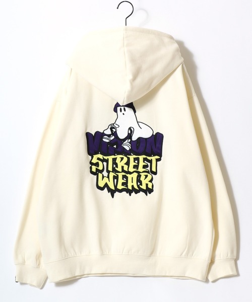 VISION STREET WEAR(ヴィジョンストリートウェア)の「VISION STREET WEAR/ヴィジョンストリートウェア オーバーサイズ 裏起毛 ゴーストバックプリント ロゴ ワンポイント刺繍 スウェット パーカー/レディース メンズ(パーカー・メンズ・オフホワイト/ブラック・LL/M/L)」の4枚目の写真
