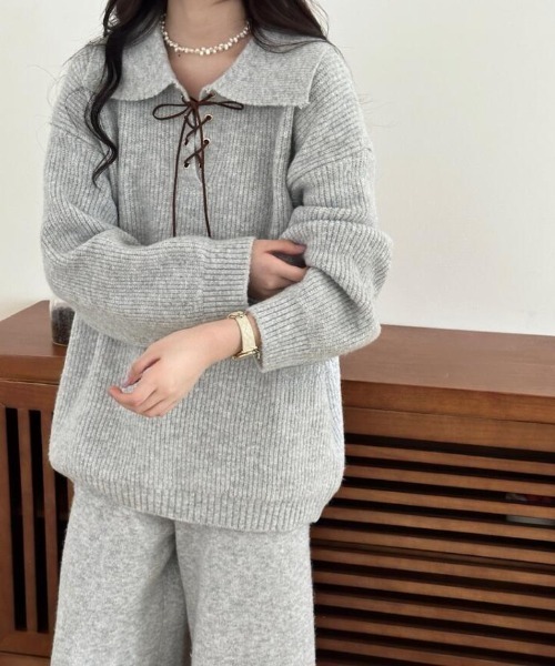 セール】紐締めデザインのオーバーサイズニットセット（セットアップ