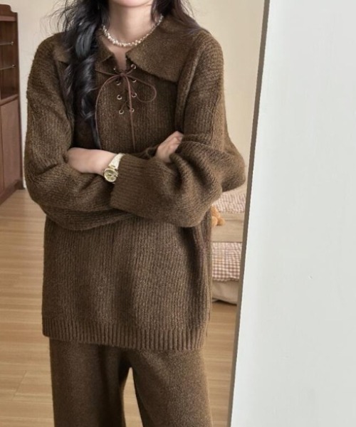 セール】紐締めデザインのオーバーサイズニットセット（セットアップ