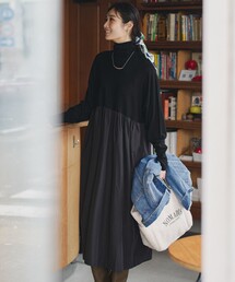 【洗える】ギャザーコンビ ニットワンピース