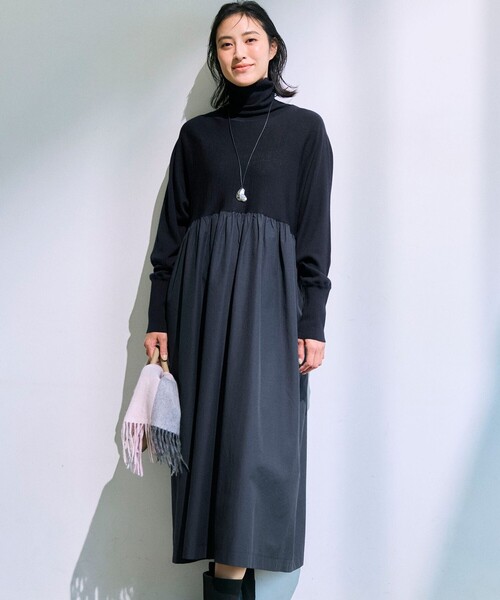 洗える】ギャザーコンビ ニットワンピース（ワンピース）｜23区 S