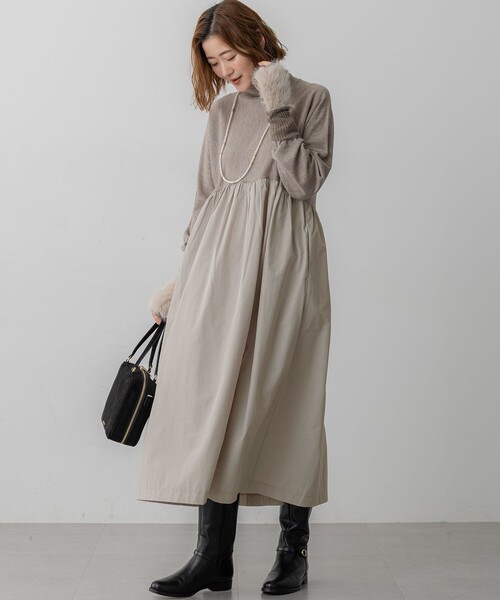 洗える】ギャザーコンビ ニットワンピース（ワンピース）｜23区 S