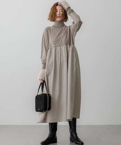 洗える】ギャザーコンビ ニットワンピース（ワンピース）｜23区 S