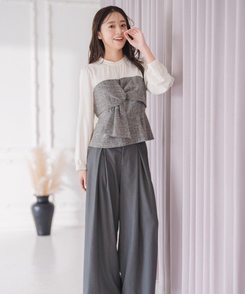 セール】2025秋冬新作 ツイードドッキングねじりペプラムブラウス