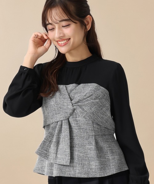 セール】2025秋冬新作 ツイードドッキングねじりペプラムブラウス
