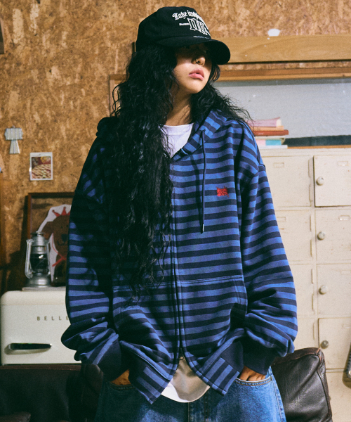 BROWNBREATH(ブラウンブレス)の「TAG STRIPE HOOD ZIP UP - BLUE(パーカー・レディース・その他・SMALL/MEDIUM/LARGE/X-LARGE)」の1枚目の写真