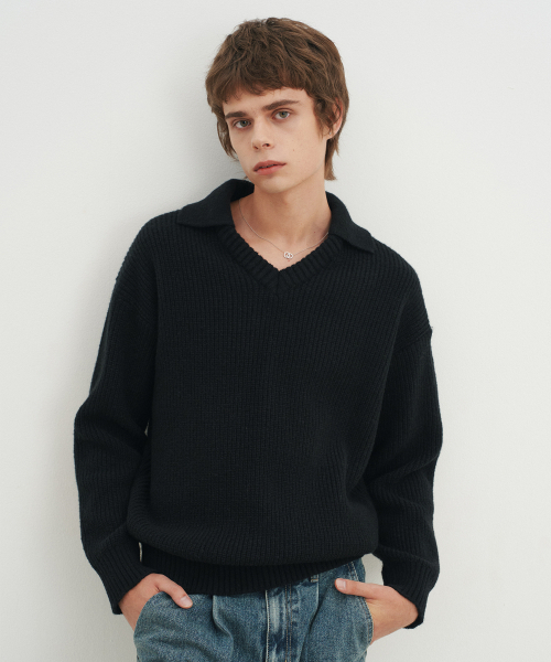 BLOND9(ブロンドナイン)の「オープンカラーVネックニット_ブラック(ニット/セーター・メンズ・その他・MEDIUM/LARGE/X-LARGE)」の2枚目の写真