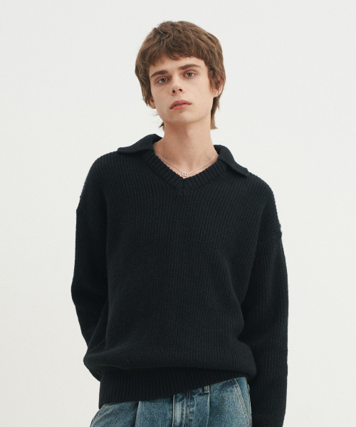 BLOND9(ブロンドナイン)の「オープンカラーVネックニット_ブラック(ニット/セーター・メンズ・その他・MEDIUM/LARGE/X-LARGE)」の3枚目の写真