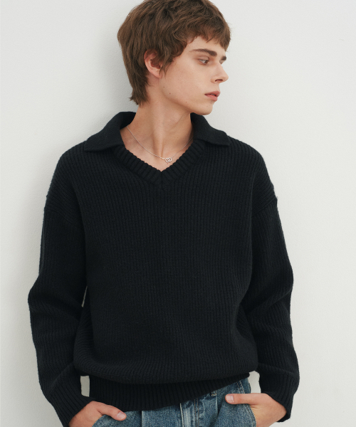 BLOND9(ブロンドナイン)の「オープンカラーVネックニット_ブラック(ニット/セーター・メンズ・その他・MEDIUM/LARGE/X-LARGE)」の5枚目の写真