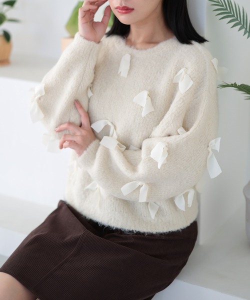 Ruwan yu(ルワンユー)の「リボンモチーフニットトップス【大きいサイズ対応】(ニット/セーター・レディース・アイボリー/グレー・L/LL/3L/4L)」の9枚目の写真