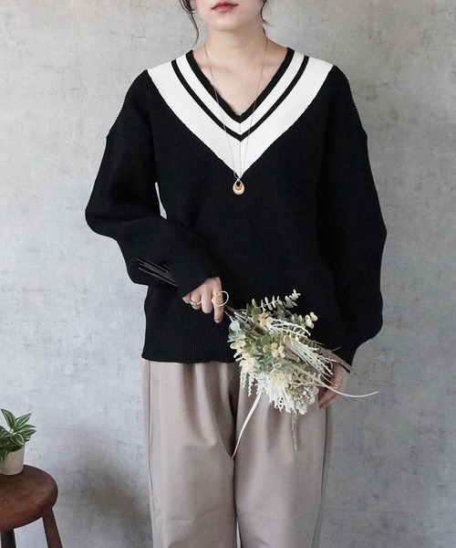 SELECT LEVERY(セレクトリベリー)の「チルデンVネックニットプルオーバー(ニット/セーター・レディース・アイボリー/ブラック・FREE)」の16枚目の写真