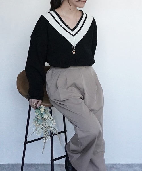 SELECT LEVERY(セレクトリベリー)の「チルデンVネックニットプルオーバー(ニット/セーター・レディース・アイボリー/ブラック・FREE)」の18枚目の写真