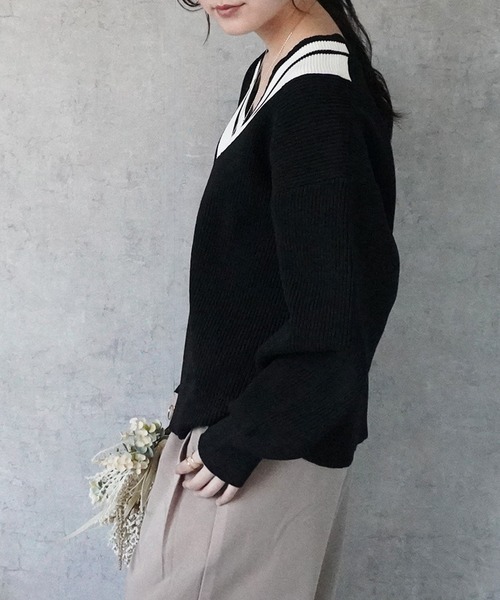 SELECT LEVERY(セレクトリベリー)の「チルデンVネックニットプルオーバー(ニット/セーター・レディース・アイボリー/ブラック・FREE)」の20枚目の写真