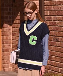 ライトグリーンCパッチVネックネイビーニットベスト[男女共用]