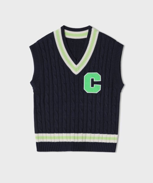 CONCEPTCOLLEGE（コンセプトカレッジ）の「ライトグリーンCパッチVネックネイビーニットベスト[男女共用]（ベスト・レディース・その他・FREE）」の2枚目の写真