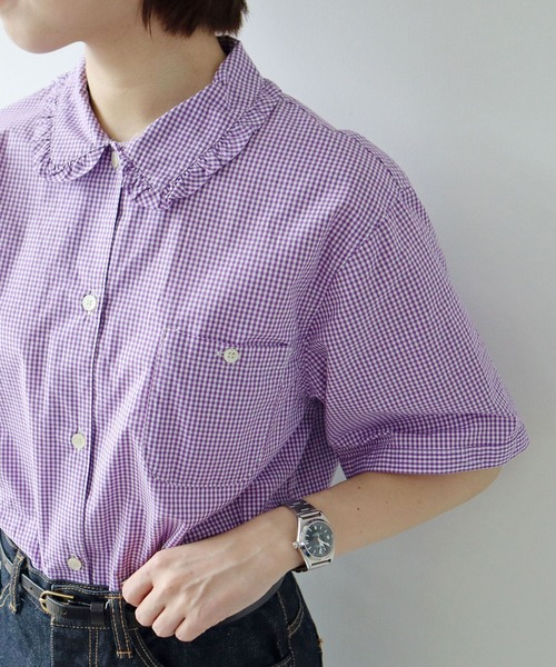 PAR ICI（パーリッシィ）の「【WEB限定カラー】ギンガムチェック/無地 襟フリルブラウス（シャツ/ブラウス・レディース・パープル/ホワイト/グリーン/ブルー・FREE）」の4枚目の写真