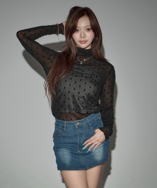 CeLess(セレス)の「High-neck Sheer Dot Slim Top / ハイネック シアードット スリムトップ(Tシャツ/カットソー・レディース・ホワイト/ブラック・FREE)」の1枚目の写真