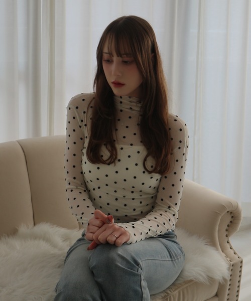 CeLess(セレス)の「High-neck Sheer Dot Slim Top / ハイネック シアードット スリムトップ(Tシャツ/カットソー・レディース・ホワイト/ブラック・FREE)」の9枚目の写真