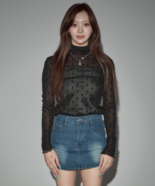 CeLess(セレス)の「High-neck Sheer Dot Slim Top / ハイネック シアードット スリムトップ(Tシャツ/カットソー・レディース・ホワイト/ブラック・FREE)」の10枚目の写真