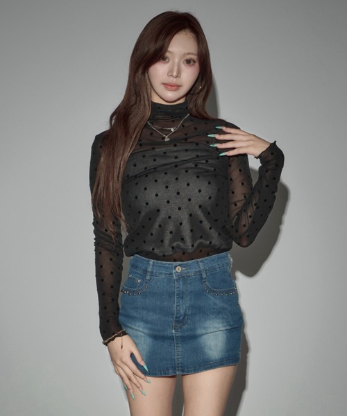 CeLess(セレス)の「High-neck Sheer Dot Slim Top / ハイネック シアードット スリムトップ(Tシャツ/カットソー・レディース・ホワイト/ブラック・FREE)」の11枚目の写真