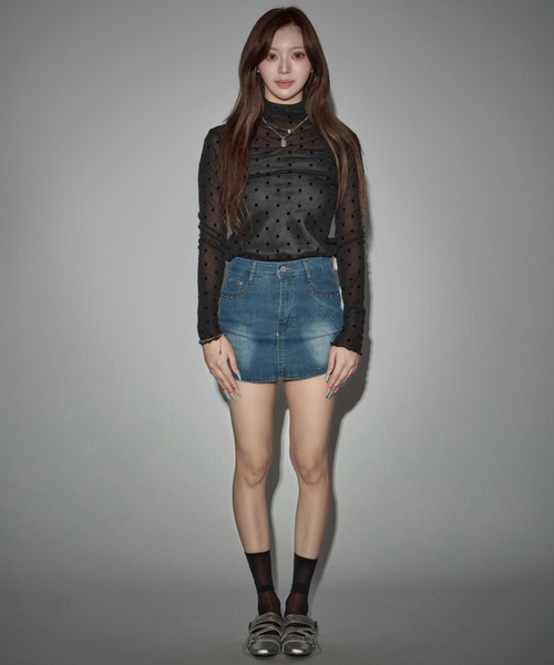CeLess(セレス)の「High-neck Sheer Dot Slim Top / ハイネック シアードット スリムトップ(Tシャツ/カットソー・レディース・ホワイト/ブラック・FREE)」の15枚目の写真
