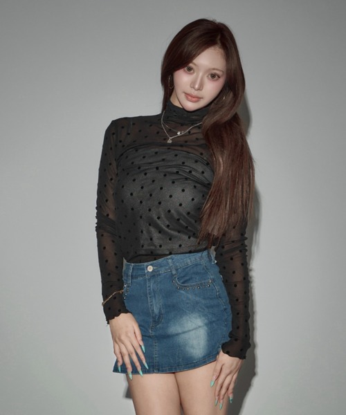 CeLess(セレス)の「High-neck Sheer Dot Slim Top / ハイネック シアードット スリムトップ(Tシャツ/カットソー・レディース・ホワイト/ブラック・FREE)」の12枚目の写真