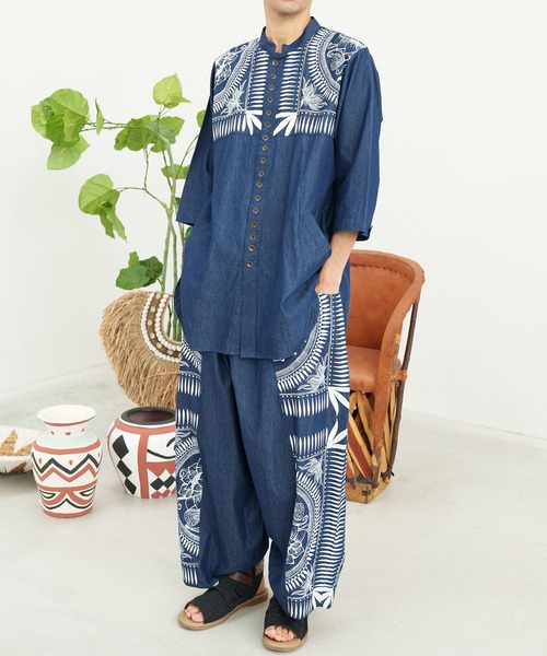 チャイハネ（チャイハネ）の「【チャイハネ】マナリカMEN'Sバンドカラーロングシャツ（シャツ/ブラウス・メンズ・インディゴブルー/ライトインディゴブルー・FREE）」の11枚目の写真