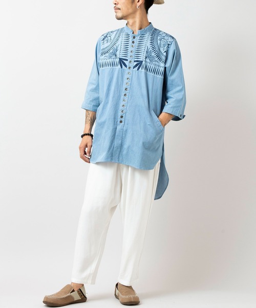 チャイハネ（チャイハネ）の「【チャイハネ】マナリカMEN'Sバンドカラーロングシャツ（シャツ/ブラウス・メンズ・インディゴブルー/ライトインディゴブルー・FREE）」の18枚目の写真