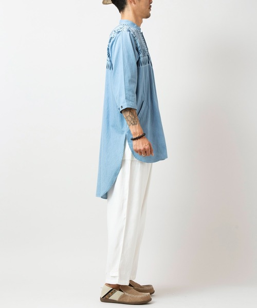 チャイハネ（チャイハネ）の「【チャイハネ】マナリカMEN'Sバンドカラーロングシャツ（シャツ/ブラウス・メンズ・インディゴブルー/ライトインディゴブルー・FREE）」の19枚目の写真