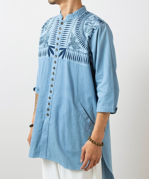 チャイハネ（チャイハネ）の「【チャイハネ】マナリカMEN'Sバンドカラーロングシャツ（シャツ/ブラウス・メンズ・インディゴブルー/ライトインディゴブルー・FREE）」の5枚目の写真