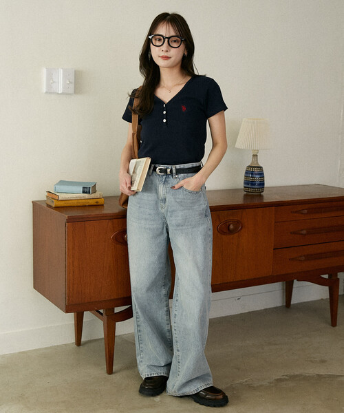 U.S. POLO ASSN.（ユーエスポロアッスン）の「U.S. POLO ASSN. × PUBLUX/ユーエスポロアッスン 別注 ヘンリーネック Tシャツ　限定展開（Tシャツ/カットソー・レディース・ブラック/ライトグレー/ネイビー・ﾌﾘ-）」の8枚目の写真