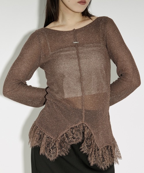 Ezick（エジック）の「lace-trimmed lame sheer knit ヘムレースラメシアーニット（ニット/セーター・レディース・ブラウン/アイボリー/ブラック・FREE）」の3枚目の写真
