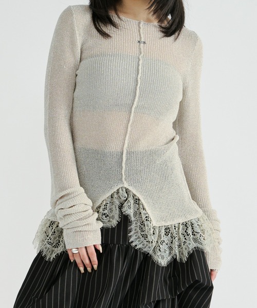 akiki　レース　ニット セール】lace-trimmed lame sheer knit ヘムレースラメシアーニット